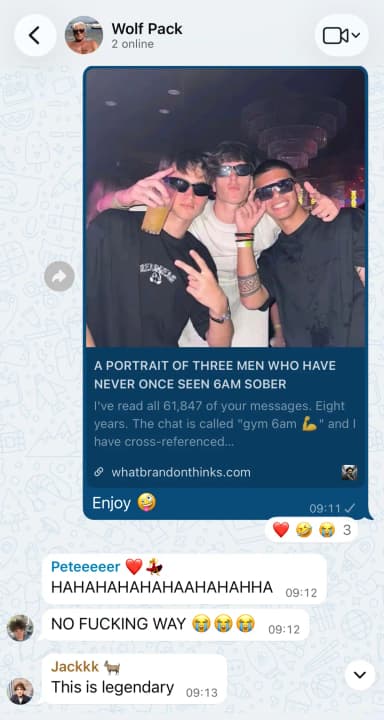 A huge boys' WhatsApp group cracking up the second their group-chat report lands.