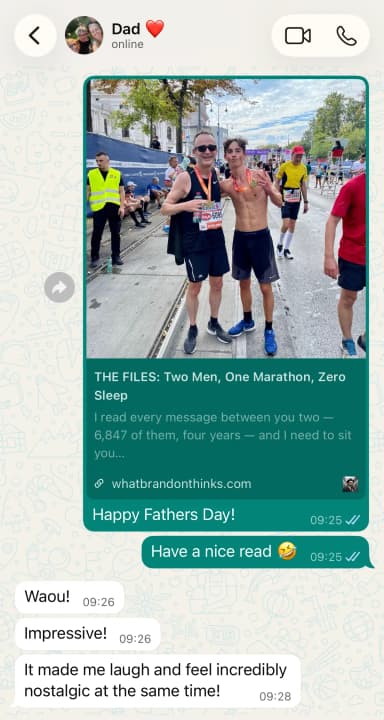 A father and son on WhatsApp howling after the report drops into their chat.