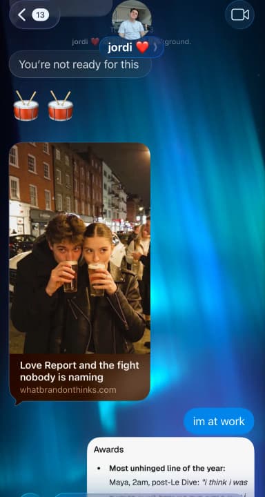 A couple reacting on iMessage as the report lands in their chat. (part 1)