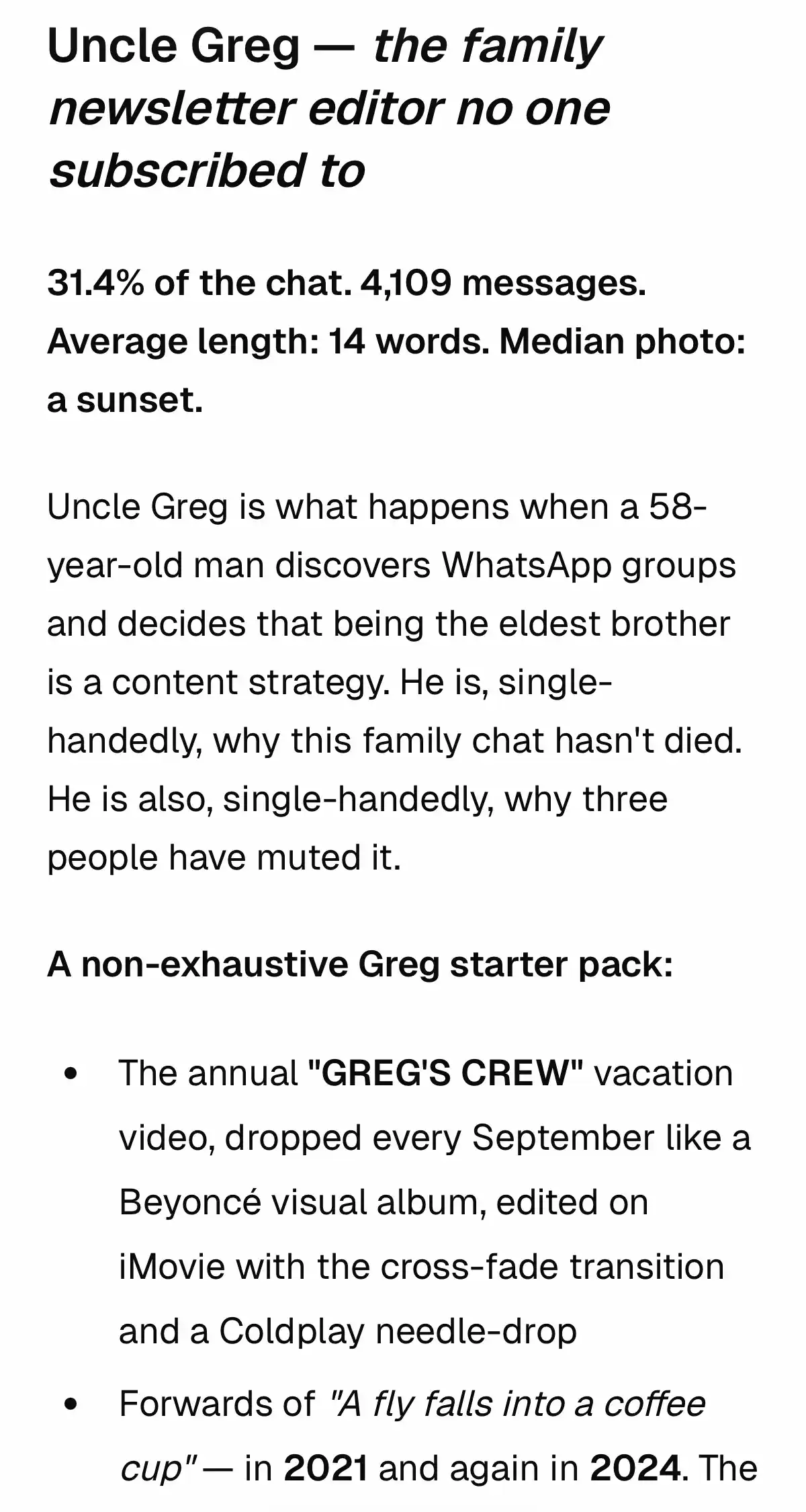 Excerpt from a family report — the Uncle Greg profile.