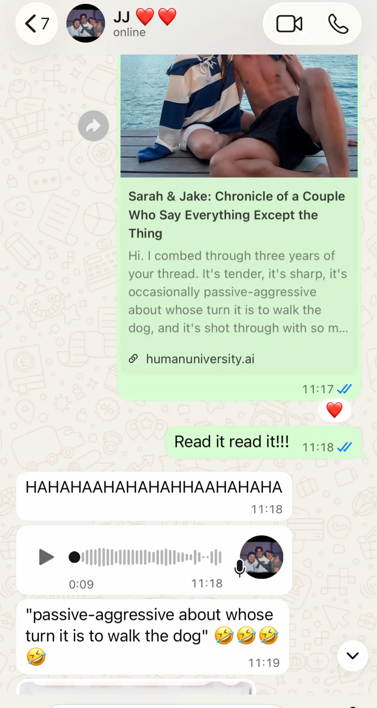 WhatsApp thread where someone shares their relationship report with their partner.