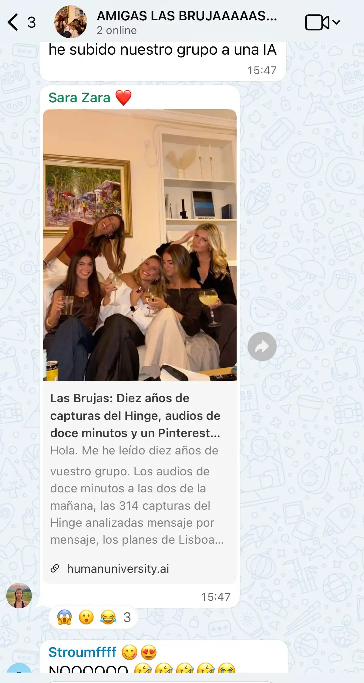 Girls' group chat reacting to a shared report.